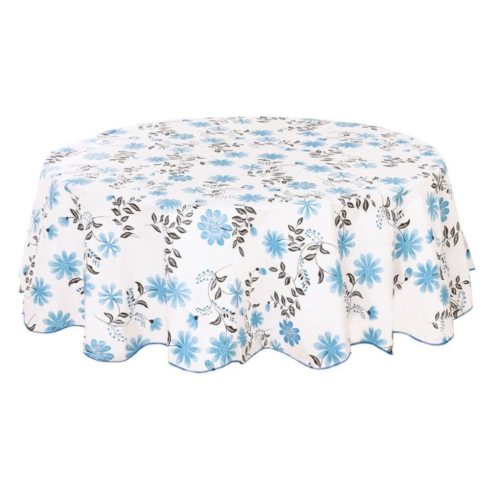 Waterproof Vinyl Round Tablecloth 71" Dia for Decor Blue Flower Tablecloth